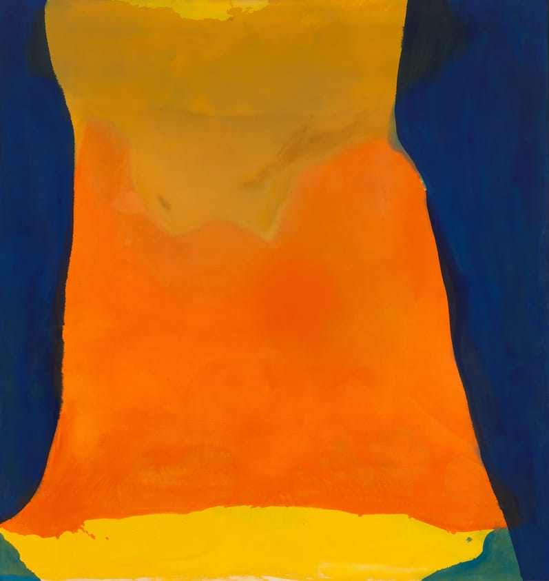 a painting with bold areas of orange, yellow, blues